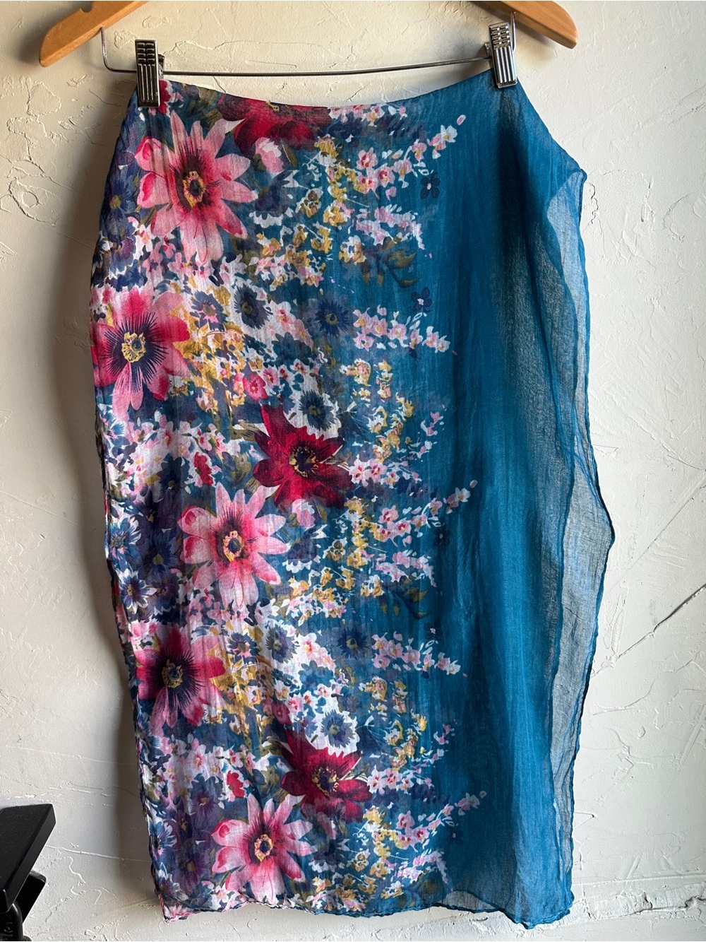 Floral Watercolor Viscose Scarf Blue Pink Sheer Boho Cottagecore Romantic 62x40 - Picture 6 of 10